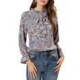 thumbnail image 1 of Allegra K Women's Bow Tie Ruffle Collar Button Down Long Sleeve Floral Blouse, 1 of 7