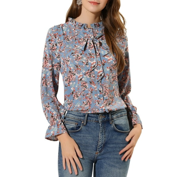 Allegra K Women's Bow Tie Ruffle Collar Button Down Long Sleeve Floral Blouse