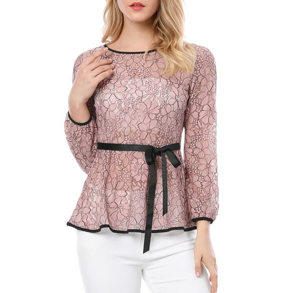 INSPIRE CHIC Women's Lace Peplum Blouse Floral Bracelet Sleeves Self-Tie Waist Top S Pink