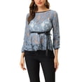 thumbnail image 1 of INSPIRE CHIC Women's Lace Peplum Blouse Floral Bracelet Sleeves Self-Tie Waist Top M Grey-Blue, 1 of 9