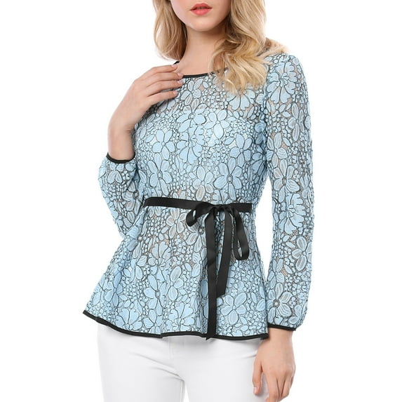 INSPIRE CHIC Women's Lace Peplum Blouse Floral Bracelet Sleeves Self-Tie Waist Top XS Blue