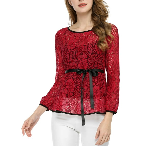 INSPIRE CHIC Women's Lace Peplum Blouse Floral Bracelet Sleeves Self-Tie Waist Top XS Red