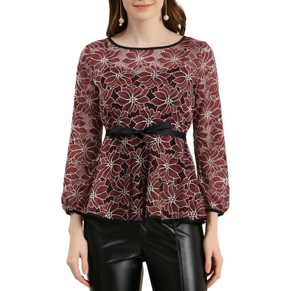INSPIRE CHIC Women's Lace Peplum Blouse Floral Bracelet Sleeves Self-Tie Waist Top XS Wine