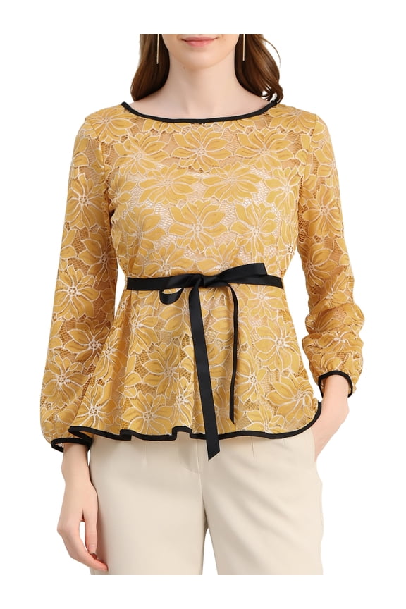 Women's Lace Peplum Blouse Floral Bracelet Sleeves Self-Tie Waist Top S Yellow