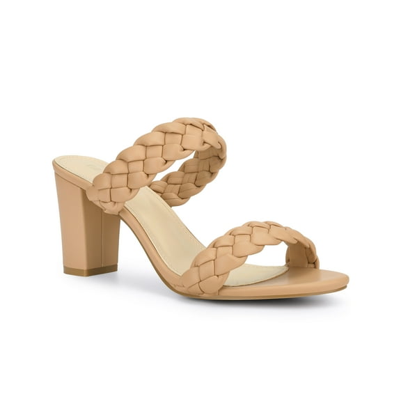 BLISSFUL STEP Women's Braided Heeled Slip on Chunky Heel Slide Sandals Nude 6