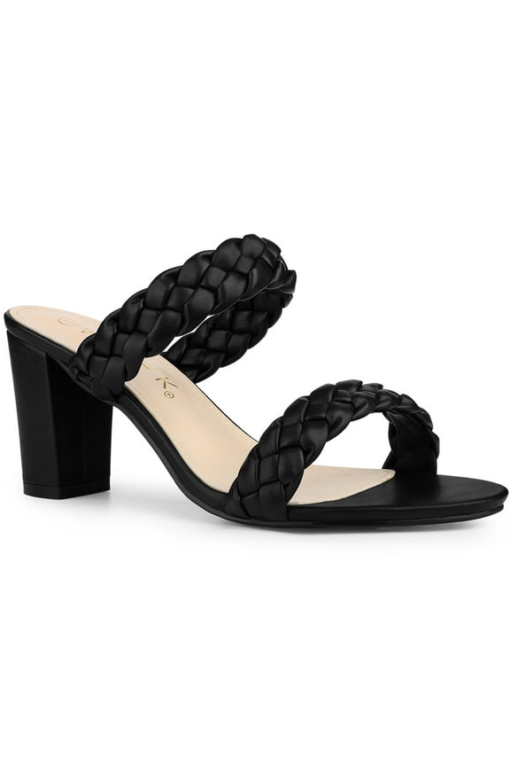 Women's Braided Heeled Slip on Chunky Heel Slide Sandals Black 6
