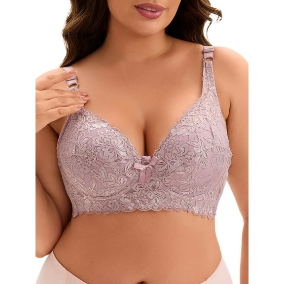 INSPIRE CHIC Women's Breathable Bras, Underwired Lace Fixed Adjustable Straps Push-up 3/4 Cup Bralette C 40 Light Purple