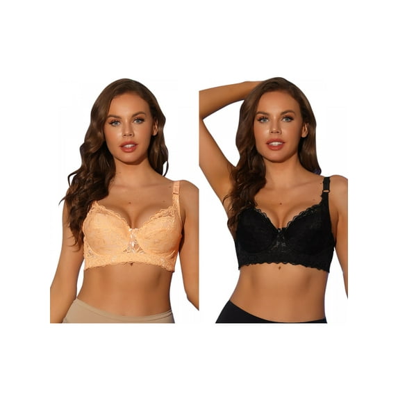 NOMADIC NOOK Women's Breathable Bras, Underwired Lace Fixed Adjustable Straps Push-up Bralette 2 Packs