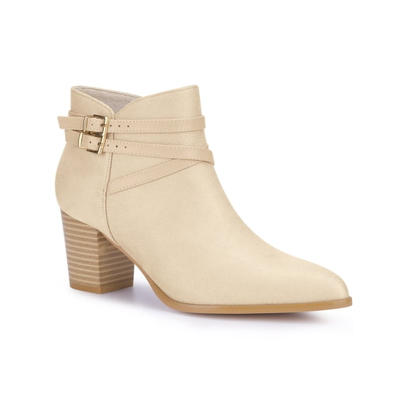 BLISSFUL STEP Women's Buckle Decor Cross Strap Pointed Toe Block Heel Ankle Boots Beige 6.5