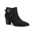 thumbnail image 1 of BLISSFUL STEP Women's Buckle Decor Cross Strap Pointed Toe Block Heel Ankle Boots Black 7, 1 of 8