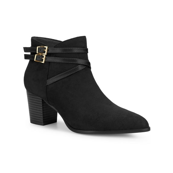 BLISSFUL STEP Women's Buckle Decor Cross Strap Pointed Toe Block Heel Ankle Boots Black 9.5
