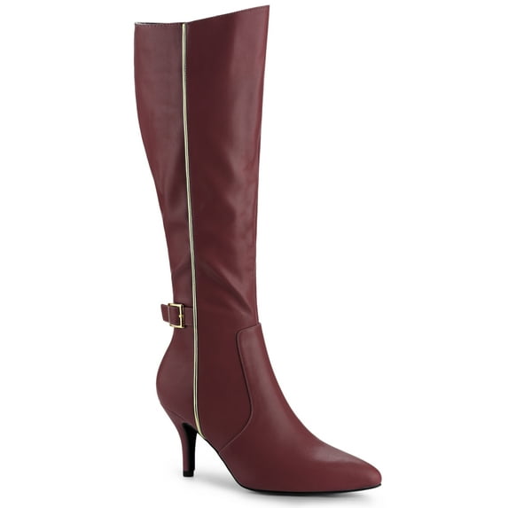 BLISSFUL STEP Women's Boots Knee High Stiletto Heel Boots Pointy Toe Buckle Zipper Boots Burgundy 6
