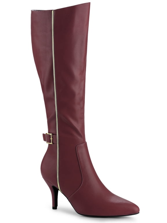 Women's Boots Knee High Stiletto Heel Boots Pointy Toe Buckle Zipper Boots Burgundy 9