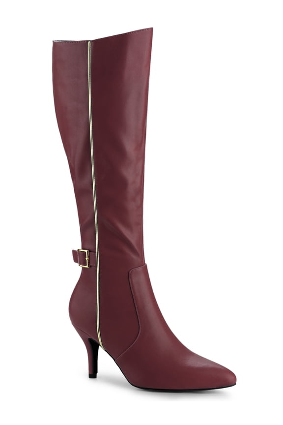 Women's Boots Knee High Stiletto Heel Boots Pointy Toe Buckle Zipper Boots Burgundy 9