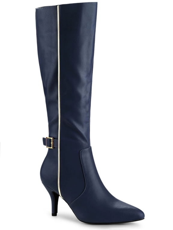 Women's Boots Knee High Stiletto Heel Boots Pointy Toe Buckle Zipper Boots Navy Blue 6