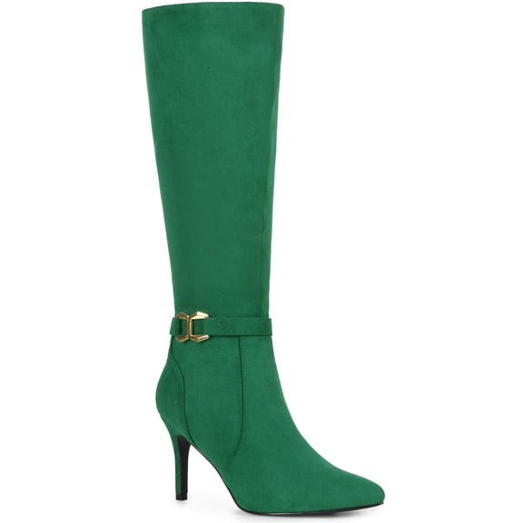 BLISSFUL STEP Women's Boots Knee High Faux Suede Pointy Toe Stiletto Heel Side Zipper Buckle Boots Green 9