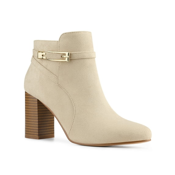 BLISSFUL STEP Ankle Boots Solid Round Toe Side Zip Buckle Heels Beige 10