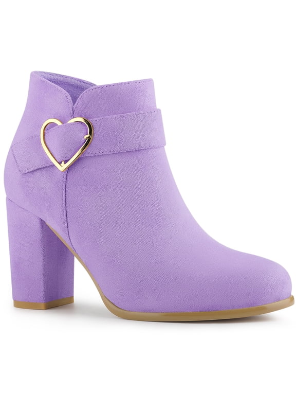 Women's Boots Heart Buckle Side Zip Block Heels Ankle Boots Purple 6