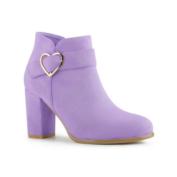 BLISSFUL STEP Women's Boots Heart Buckle Side Zip Block Heels Ankle Boots Purple 9.5