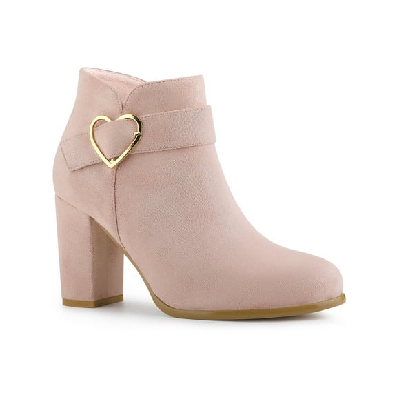 BLISSFUL STEP Women's Boots Heart Buckle Side Zip Block Heels Ankle Boots Dust Pink 9.5