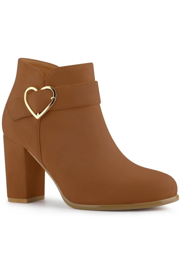 Women's Boots Heart Buckle Side Zip Block Heels Ankle Boots Brown 9.5
