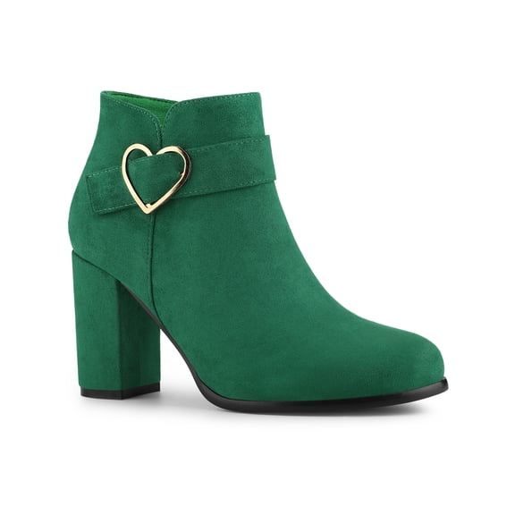BLISSFUL STEP Women's Boots Heart Buckle Side Zip Block Heels Ankle Boots Emerald Green 6