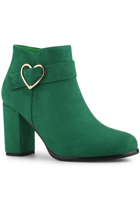 Women's Boots Heart Buckle Side Zip Block Heels Ankle Boots Emerald Green 8