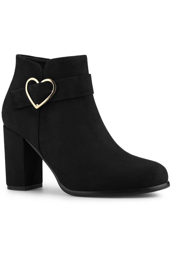 Women's Boots Heart Buckle Side Zip Block Heels Ankle Boots Black 6