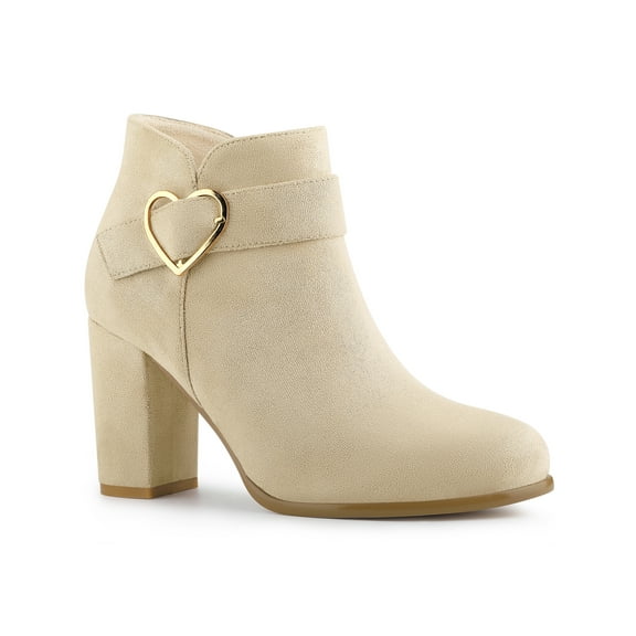 BLISSFUL STEP Women's Boots Heart Buckle Side Zip Block Heels Ankle Boots Beige 8