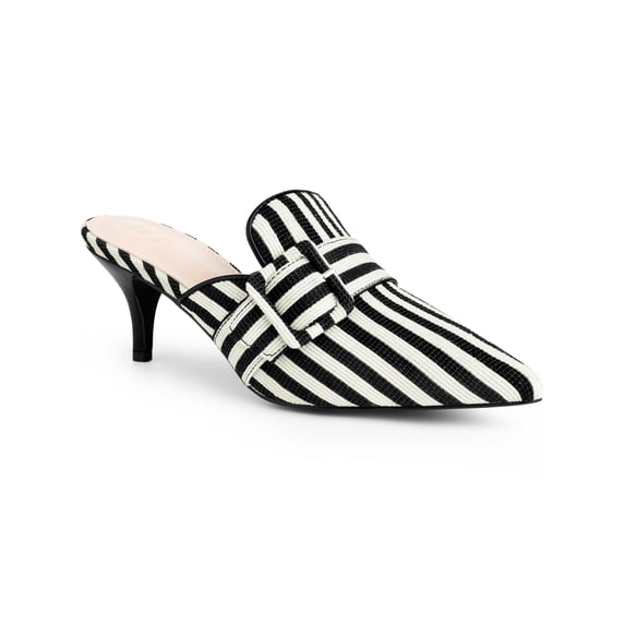 BLISSFUL STEP Women's Buckle Stripe Stiletto Heel Slip on Slide Mules Black (Size 8)