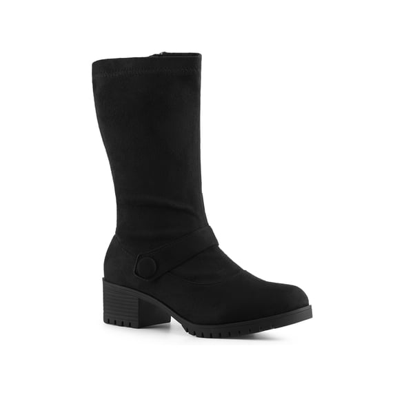 BLISSFUL STEP Women's Buckle Zipper Block Heel Combat Boots Black 7