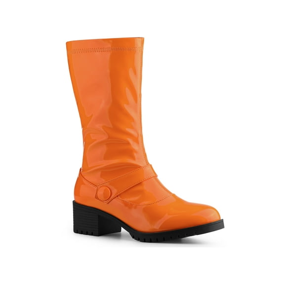 BLISSFUL STEP Women's Buckle Zipper Block Heel Combat Boots Orange 6