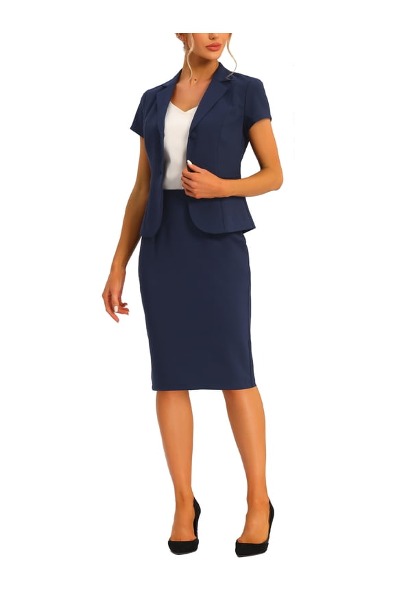 Women's Business 2 Piece Suit Set Short Sleeve Work Blazer Jacket and Pencil Skirt 2XL Dark Blue