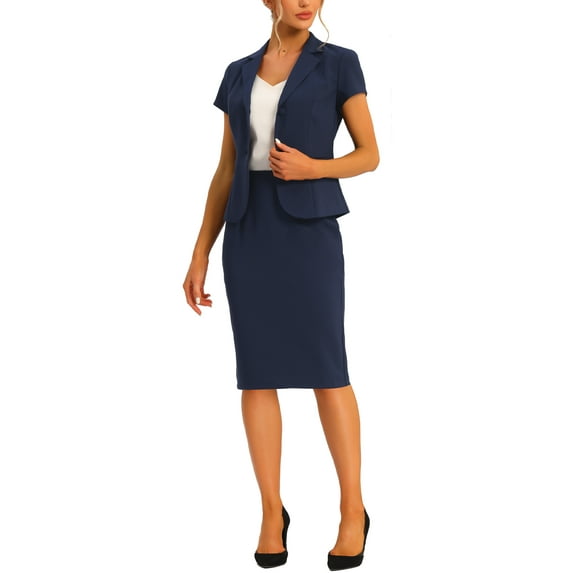 INSPIRE CHIC Women's Business 2 Piece Suit Set Short Sleeve Work Blazer Jacket and Pencil Skirt L Dark Blue
