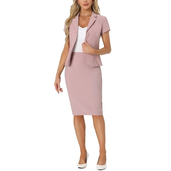 INSPIRE CHIC Women's Business 2 Piece Suit Set Short Sleeve Work Blazer Jacket and Pencil Skirt S Pink