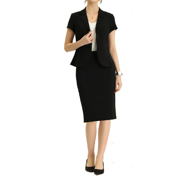 INSPIRE CHIC Women's Business 2 Piece Suit Set Short Sleeve Work Blazer Jacket and Pencil Skirt XL Black