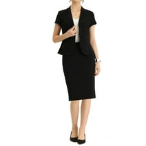 Allegra K Women's Business 2 Piece Suit Set Short Sleeve Blazer Jacket and Pencil Skirt