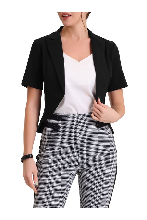 Women's Business Casual Lapel Short Sleeve Open Front Cropped Work Office Blazer XS Balck