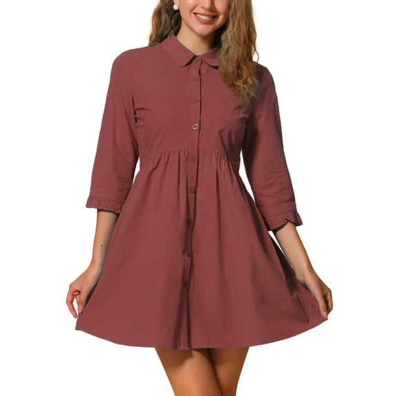 INSPIRE CHIC Women's Shirt Dress 3/4 Sleeve Button Down Mini Dresses M Burgundy