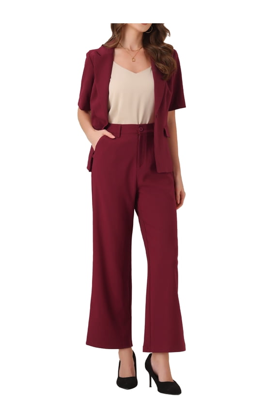Women's Business Office Suit Set One Button Short Sleeve Blazer and Suit Pants L Burgundy