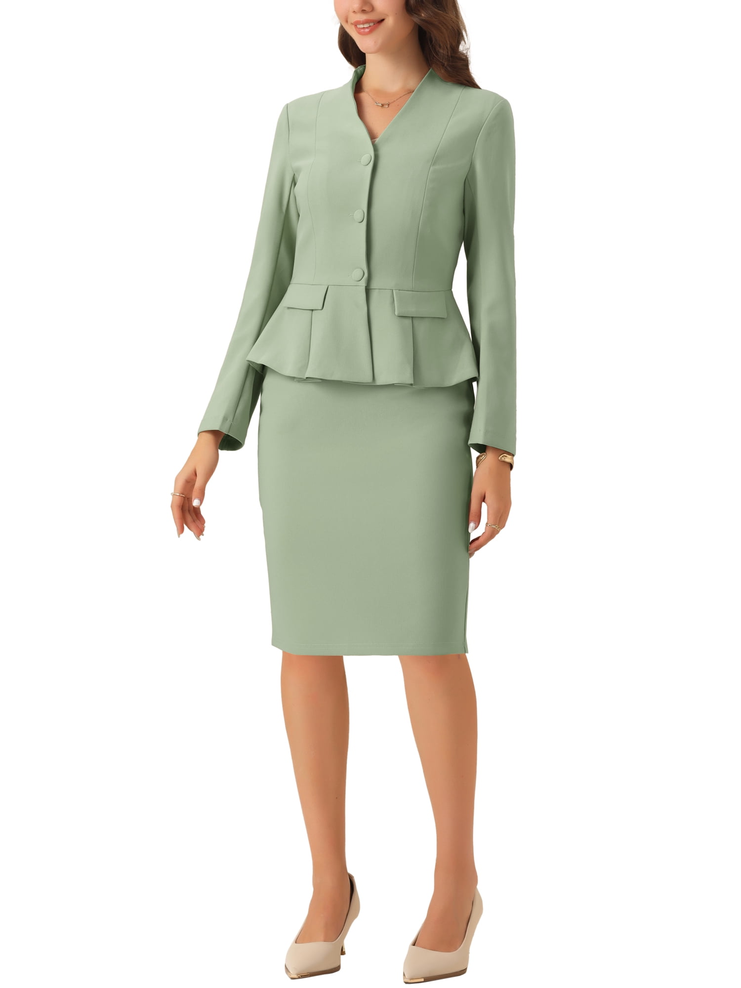 INSPIRE CHIC Women's Suit Sets Business Outfits Collarless Peplum Blazer  Formal Pencil Skirt Suit 2 Piece Set M Pea Green - Walmart.com