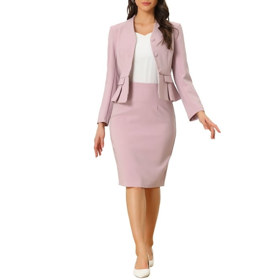 INSPIRE CHIC Women's Suit Sets Business Outfits Collarless Peplum Blazer Formal Pencil Skirt Suit 2 Piece Set S Pink