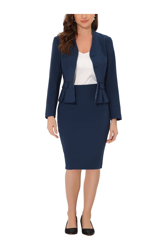 Women's Suit Sets Business Outfits Collarless Peplum Blazer Formal Pencil Skirt Suit 2 Piece Set XL Dark Blue