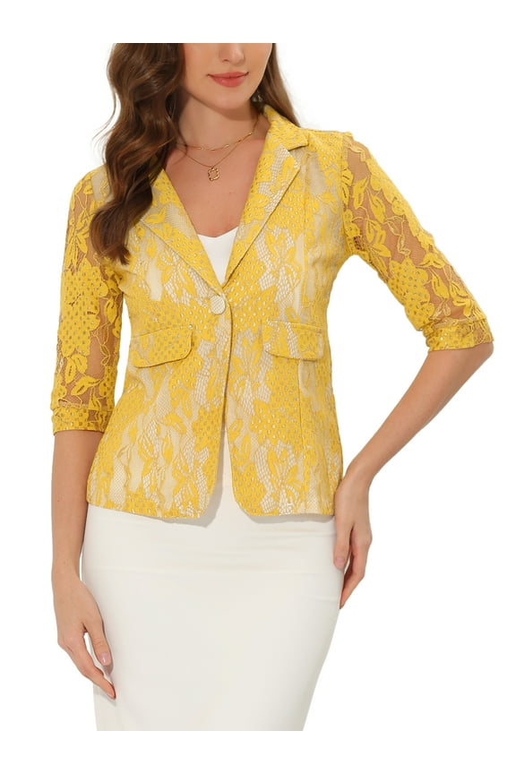 Women's Bussiness Casual Blazers Floral Lace 3/4 Sleeve Single Button Elegant Blazer Suits XS Yellow