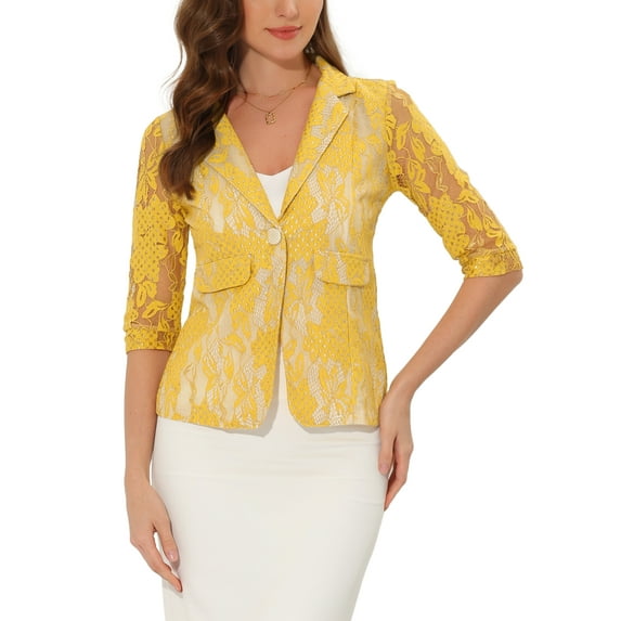 INSPIRE CHIC Women's Bussiness Casual Blazers Floral Lace 3/4 Sleeve Single Button Elegant Blazer Suits XL Yellow