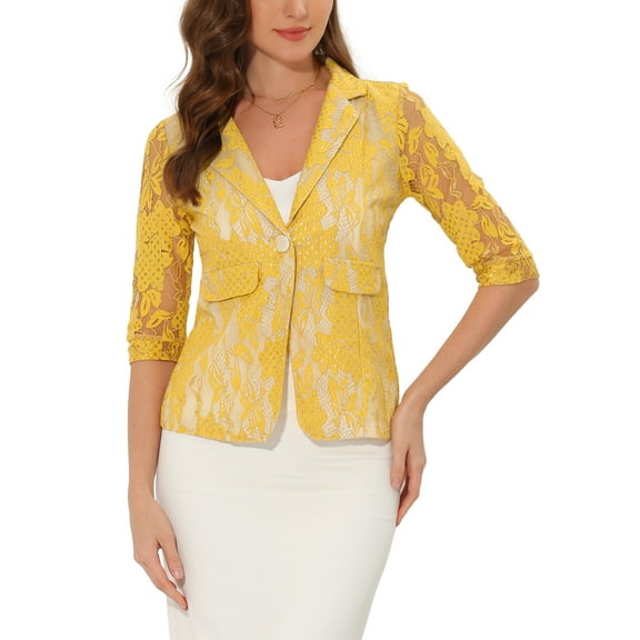 INSPIRE CHIC Women's Bussiness Casual Blazers Floral Lace 3/4 Sleeve Single Button Elegant Blazer Suits XS Yellow