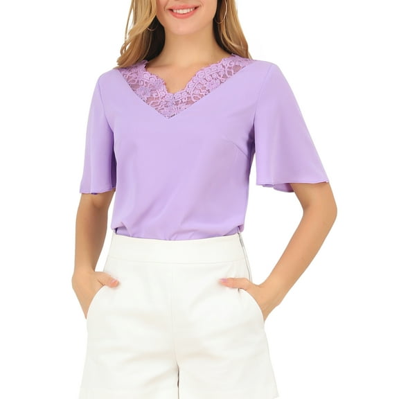 INSPIRE CHIC Women's Butterfly Sleeves Lace V-Neck Tops