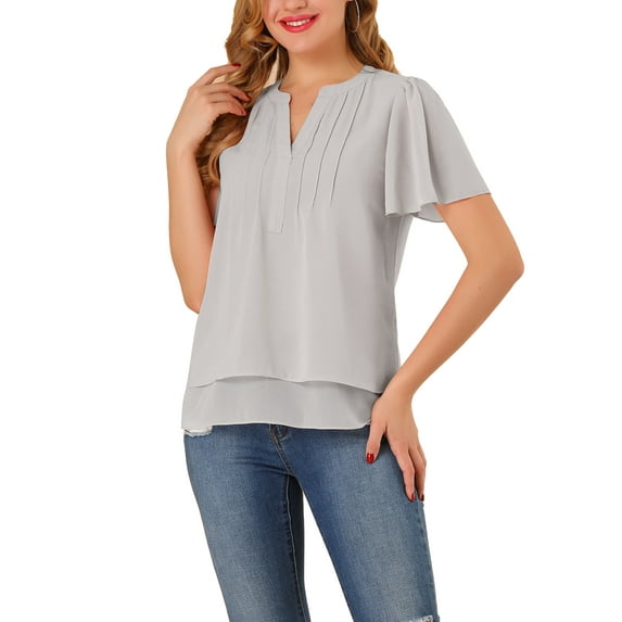 Allegra K Women's Butterfly Sleeves Layer Loose Chiffon Top Pintuck Blouse