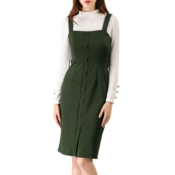 INSPIRE CHIC Women's Button Decor Bow Tie Waist Suspender Overall Jumper Dress M Dark Green