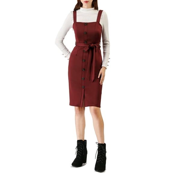INSPIRE CHIC Women's Button Decor Bow Tie Waist Suspender Overall Jumper Dress S Burgundy